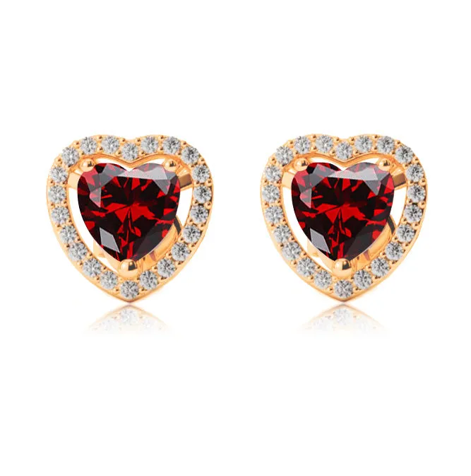 18k Yellow Gold Plated 1 Ct Created Halo Heart Garnet Stud Earrings