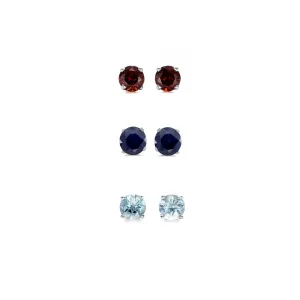 24k White Gold Plated 4Ct Created Garnet, Black Sapphire and Aquamarine 3 Pair Round Stud Earrings