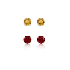 24k Yellow Gold Plated 3Ct Created Citrine and Garnet 2 Pair Round Stud Earrings