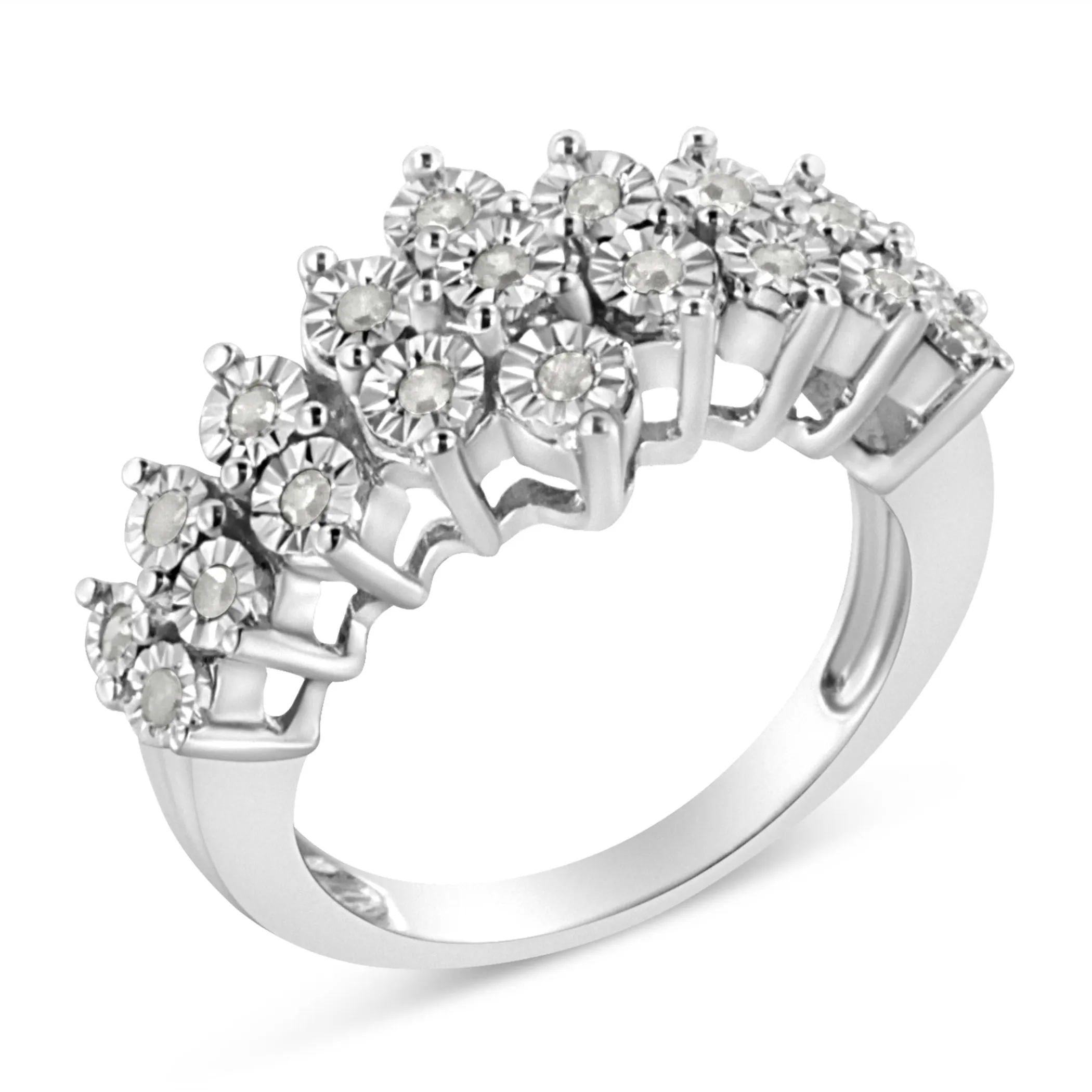 .925 Sterling Silver 1/4 Cttw Miracle Plate Set Round-Cut Diamond Two Row Band Ring (I-J Color, I2-I3 Clarity)