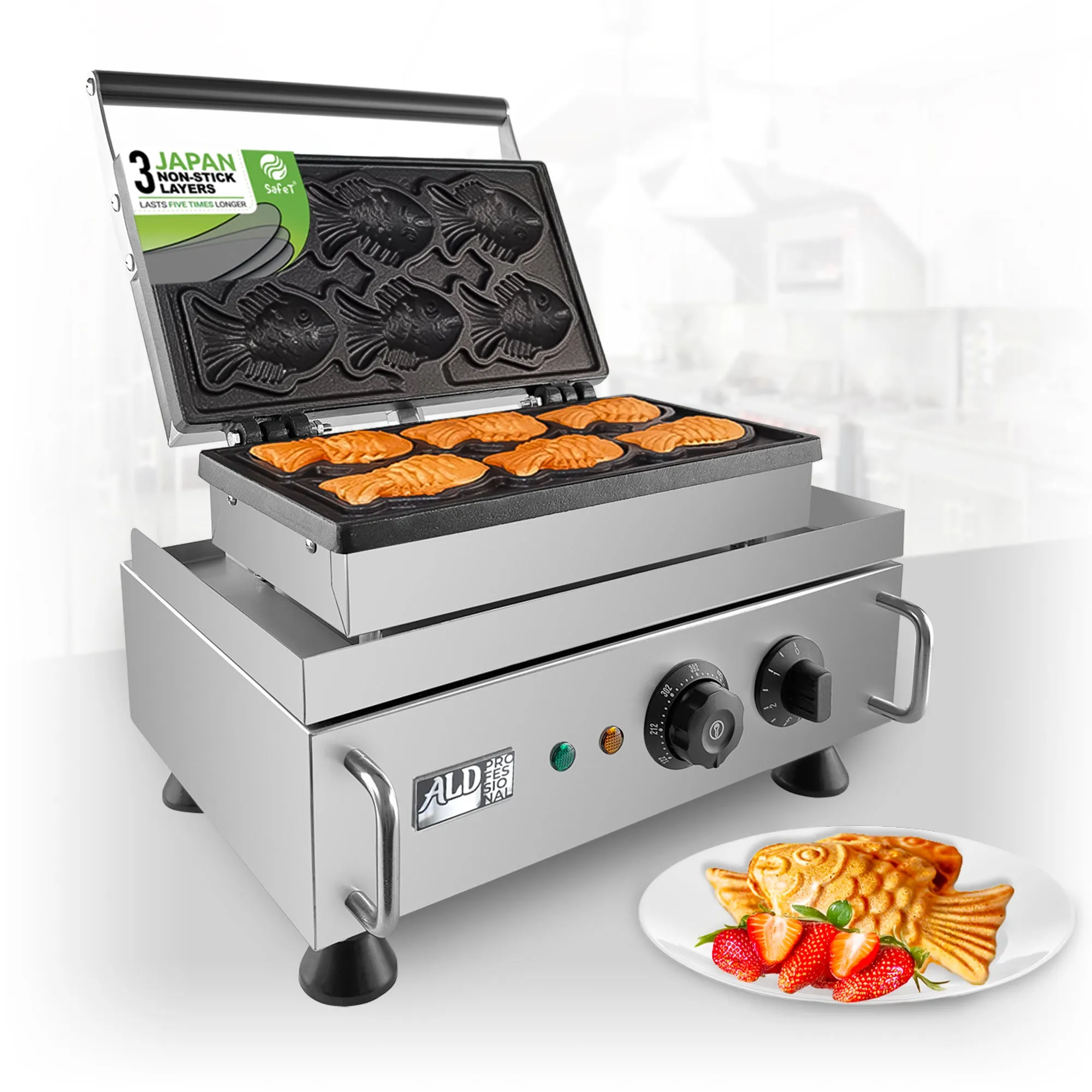 AP-536 Taiyaki Fish Waffle Maker | Fish Waffle Machine Professional | Stainless Steel | 6 Small Fish Shaped Waffles