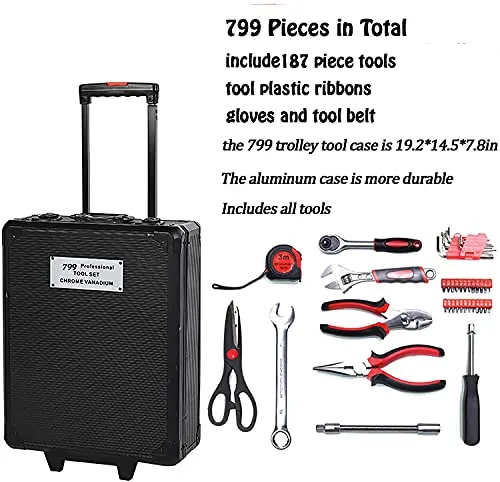 Arcwares 799pcs Aluminum Trolley Case Tool Set Silver, House Repair Kit Set, Household Hand Tool Set, with Tool Belt,Gift on Father's Day (Black)