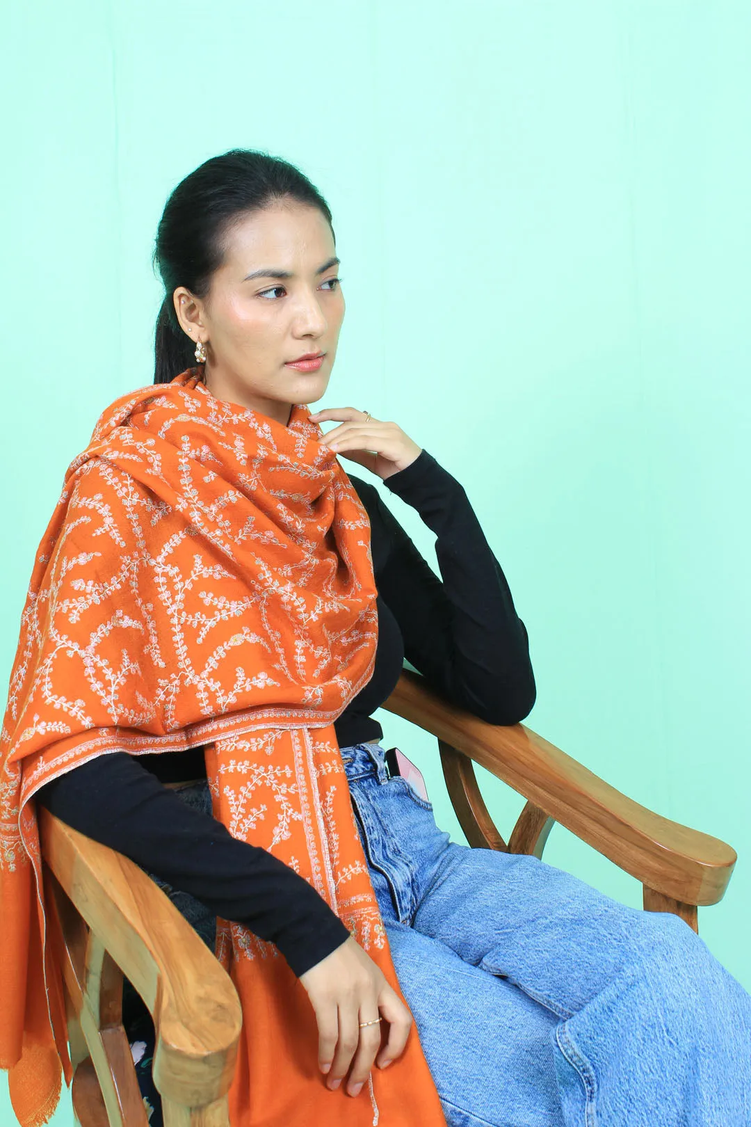 Aurelia Tangerine Sozni Jaali Embroidred Pashmina Stole