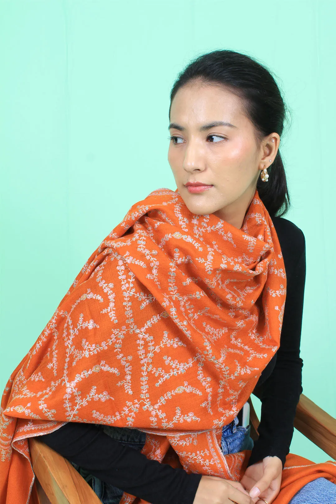 Aurelia Tangerine Sozni Jaali Embroidred Pashmina Stole