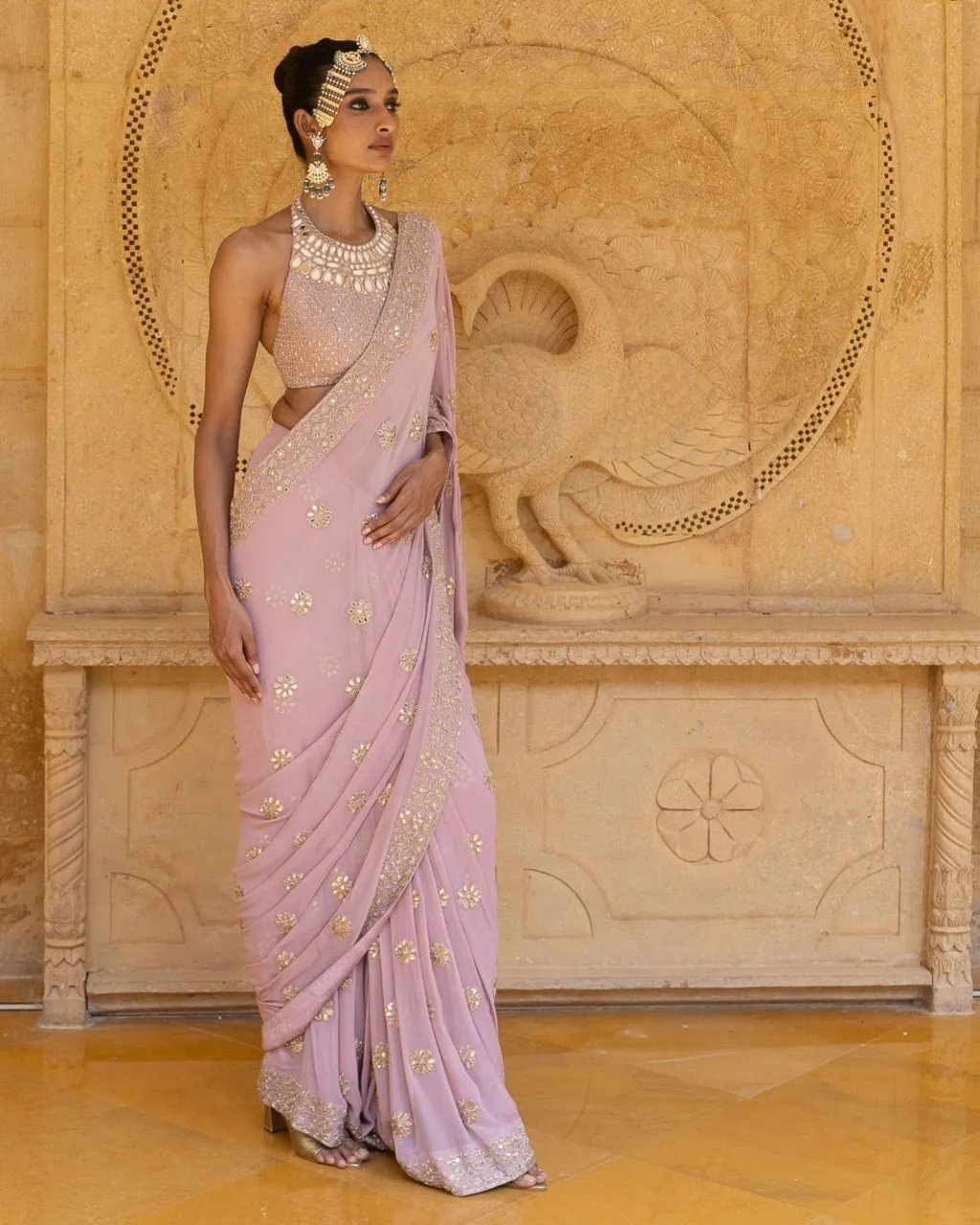 Baby Orchid Mirror & Sequins Embroidered Sari Set