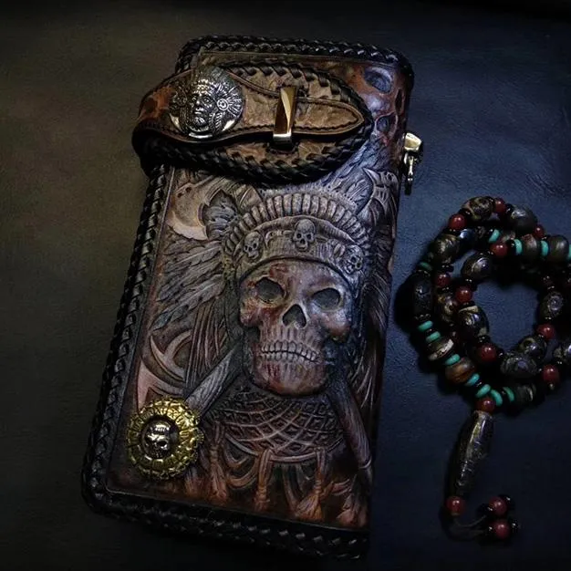 Badass Black Leather Men's Indian Chief Skull Biker Wallet Handmade Tooled Zipper Long Wallets For Men