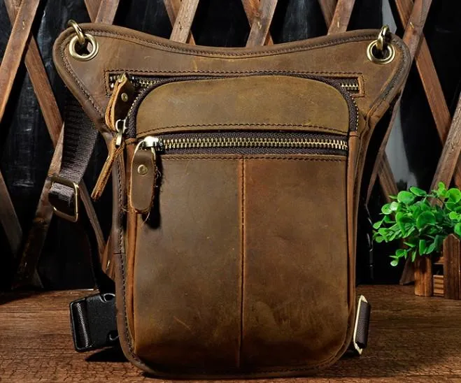 Biker Mens Leather Drop Leg Bag Waist Bag Side Bags Belt Pouch Pack for Men