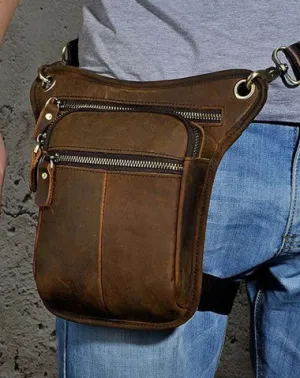 Biker Mens Leather Drop Leg Bag Waist Bag Side Bags Belt Pouch Pack for Men