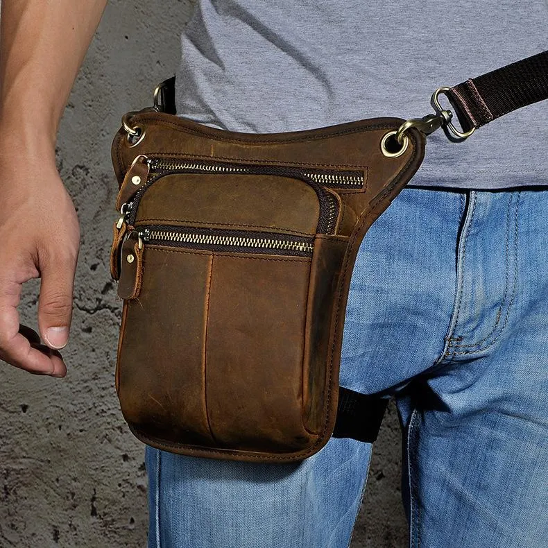 Biker Mens Leather Drop Leg Bag Waist Bag Side Bags Belt Pouch Pack for Men