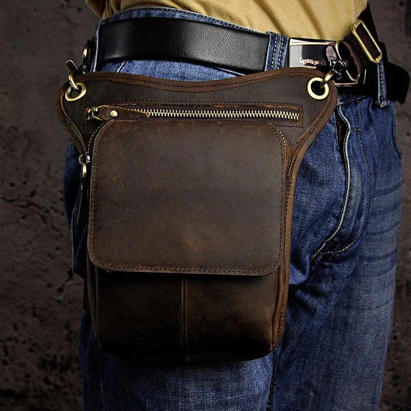 Biker Mens Leather Drop Leg Bags Waist Bag Belt Pouch Pack Sides Bags for Men