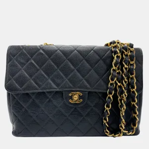 Black Caviar Leather Jumbo Classic Single Flap Shoulder Bag