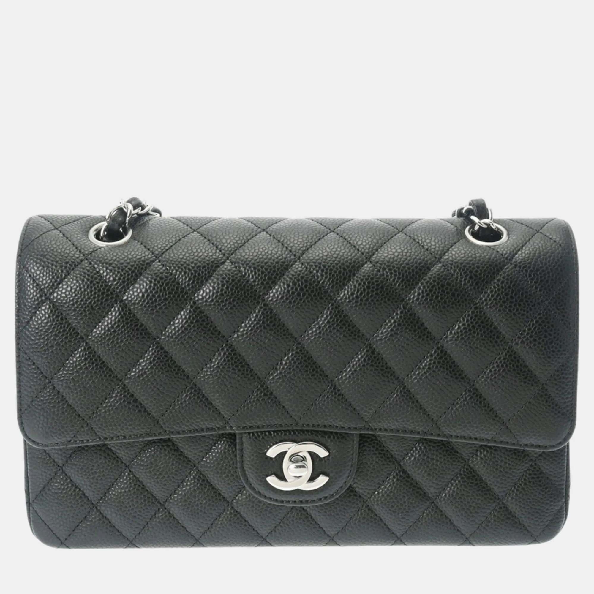 Black Caviar Skin Matelasse Chain Shoulder Double Flap 25cm Bag