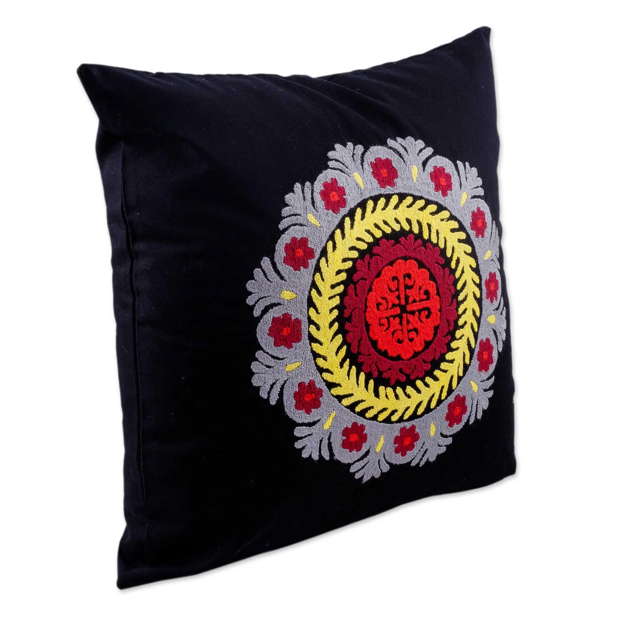 Black Hand-Embroidered Suzani Cotton Mandala Cushion Cover - Mandala Glam | NOVICA