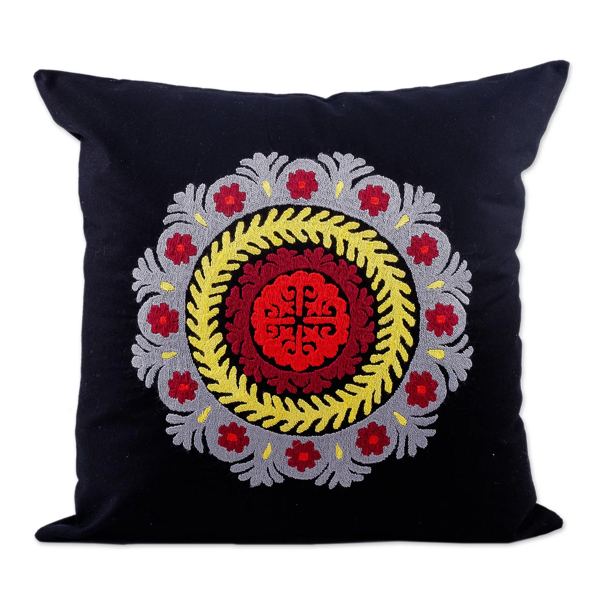 Black Hand-Embroidered Suzani Cotton Mandala Cushion Cover - Mandala Glam | NOVICA