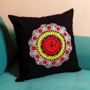 Black Hand-Embroidered Suzani Cotton Mandala Cushion Cover - Mandala Glam | NOVICA