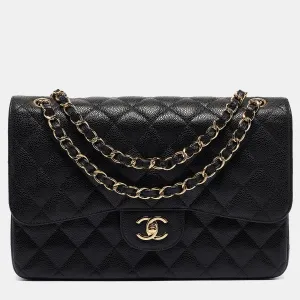 Black Quilted Caviar Leather Jumbo Classic Double Flap Bag