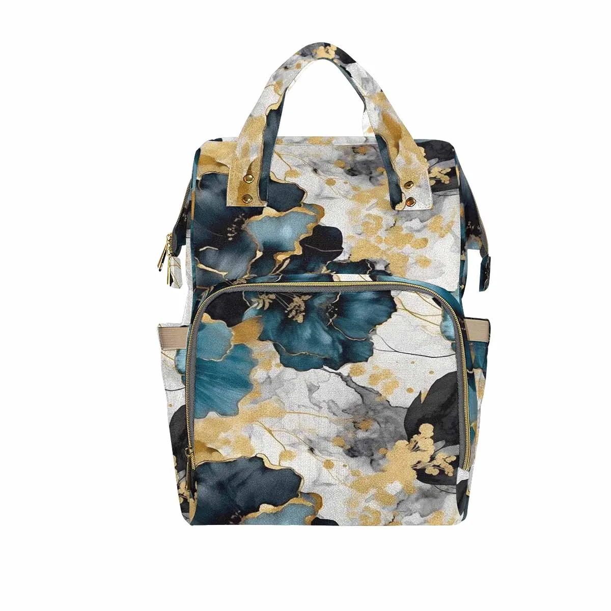 Blue & Gold Ink Floral Diaper Bag Backpack