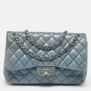 Blue Quilted Leather Jumbo Classic Double Flap Bag