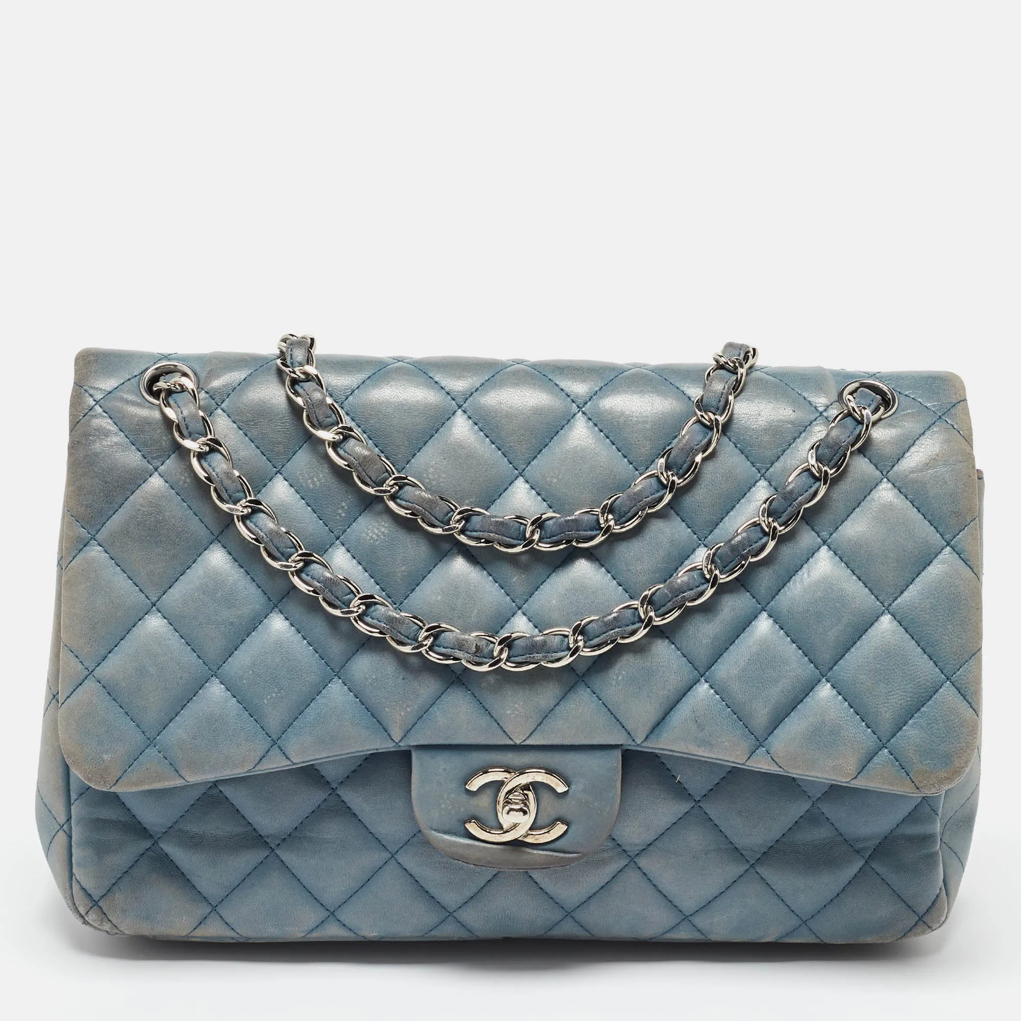 Blue Quilted Leather Jumbo Classic Double Flap Bag