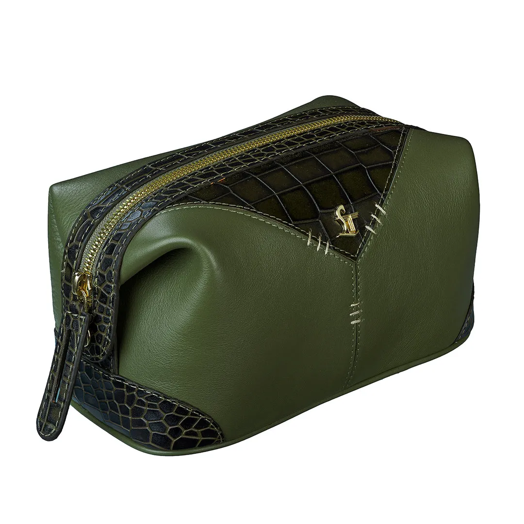 Bom Leather Toiletry / Shaving Kit Bag | For Carrying Grooming Essentials & Travel  | Color: Croco Olive Green