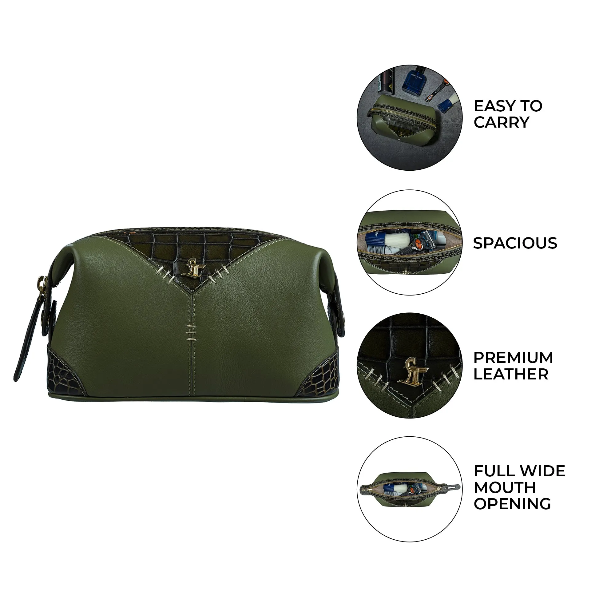 Bom Leather Toiletry / Shaving Kit Bag | For Carrying Grooming Essentials & Travel  | Color: Croco Olive Green