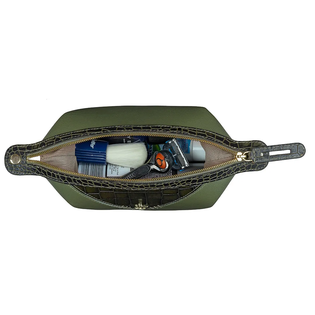 Bom Leather Toiletry / Shaving Kit Bag | For Carrying Grooming Essentials & Travel  | Color: Croco Olive Green