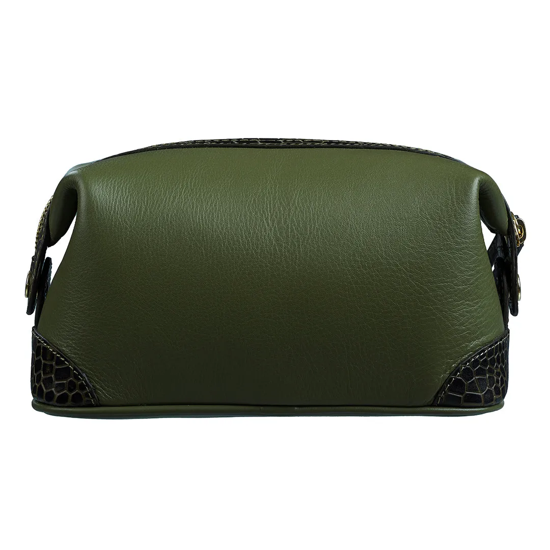 Bom Leather Toiletry / Shaving Kit Bag | For Carrying Grooming Essentials & Travel  | Color: Croco Olive Green