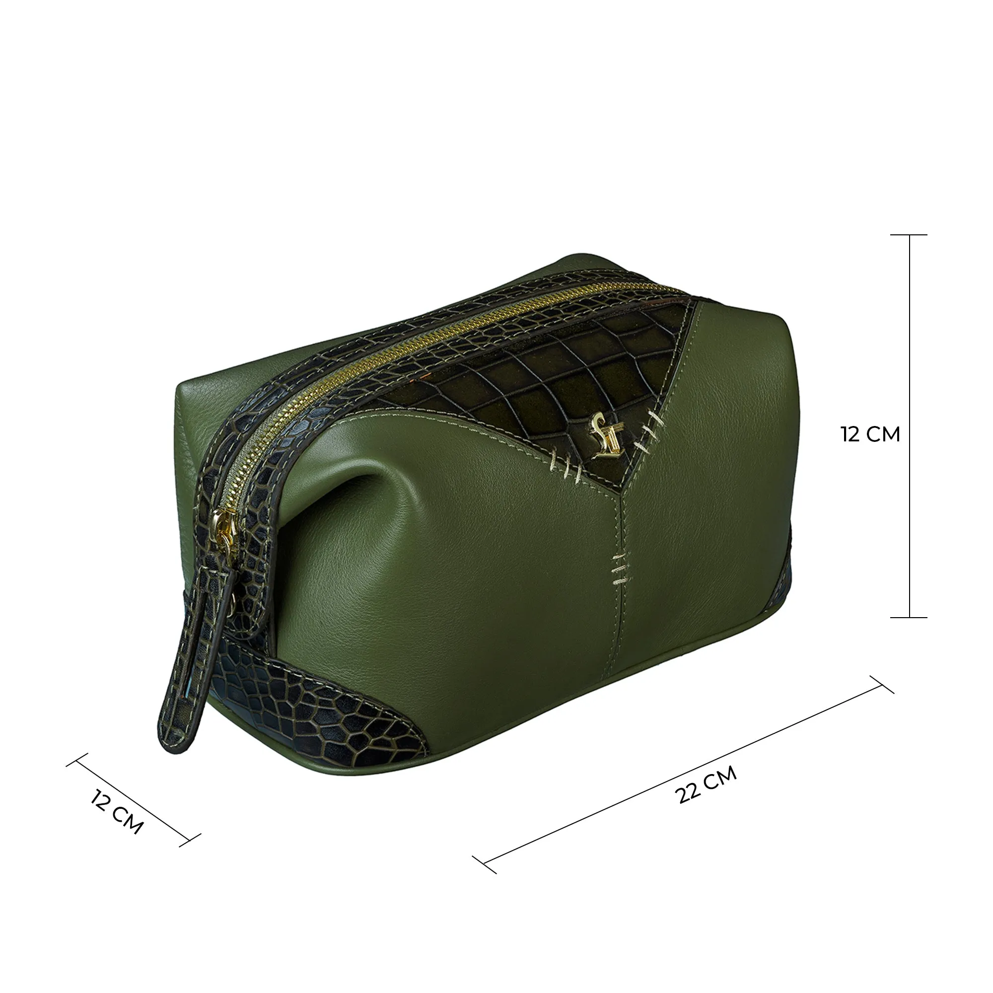 Bom Leather Toiletry / Shaving Kit Bag | For Carrying Grooming Essentials & Travel  | Color: Croco Olive Green