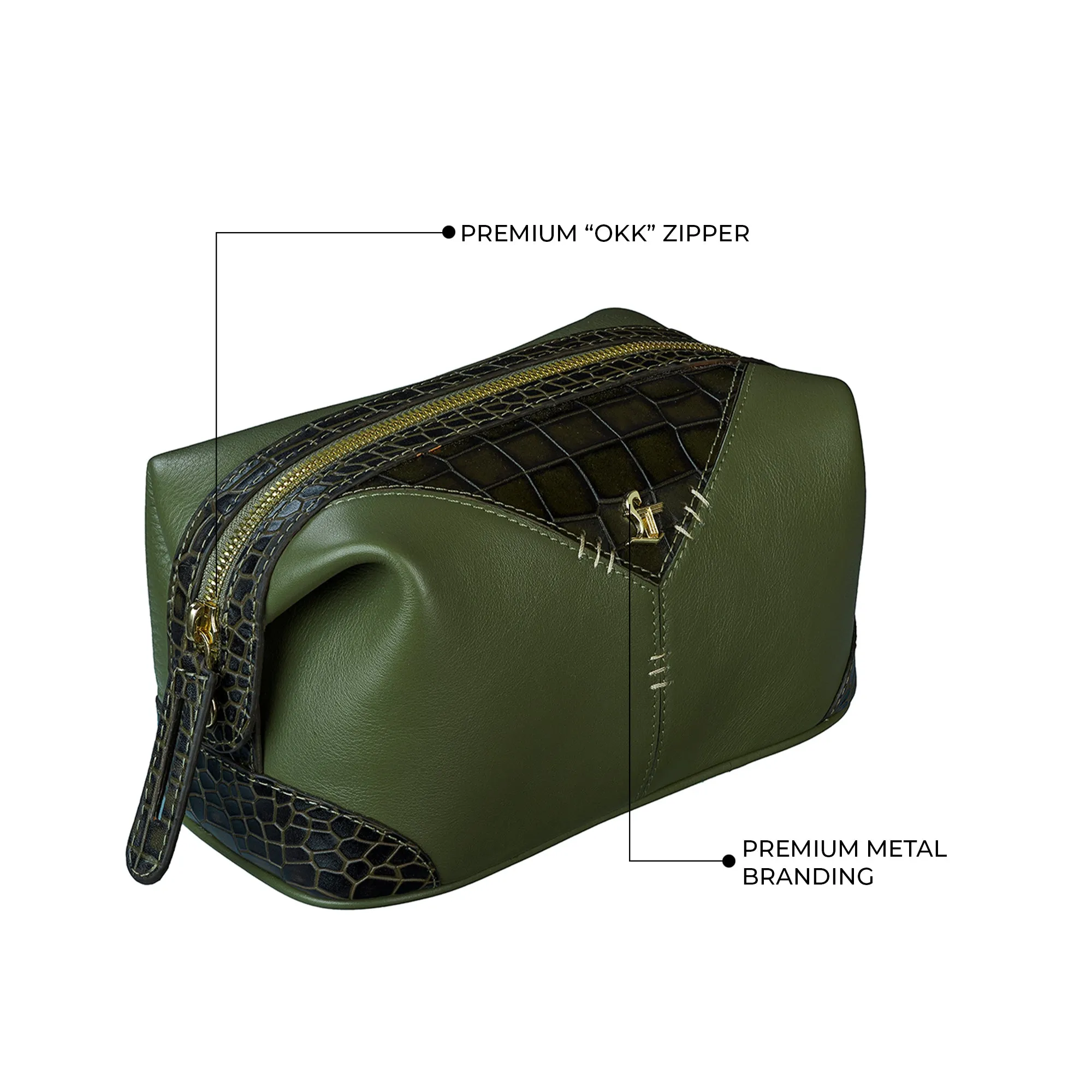 Bom Leather Toiletry / Shaving Kit Bag | For Carrying Grooming Essentials & Travel  | Color: Croco Olive Green