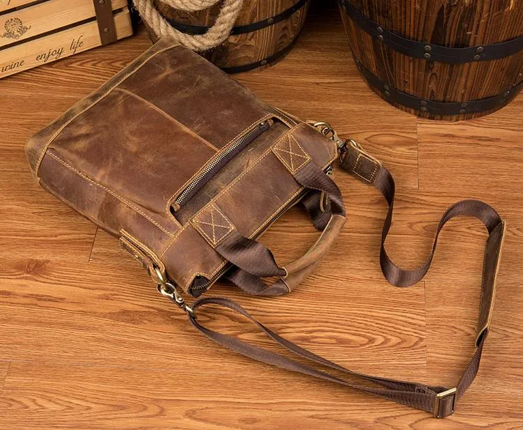 Brown Leather Mens 13 inches Briefcase Vertical Laptop Side Bags Business Bags Work Bags for Men