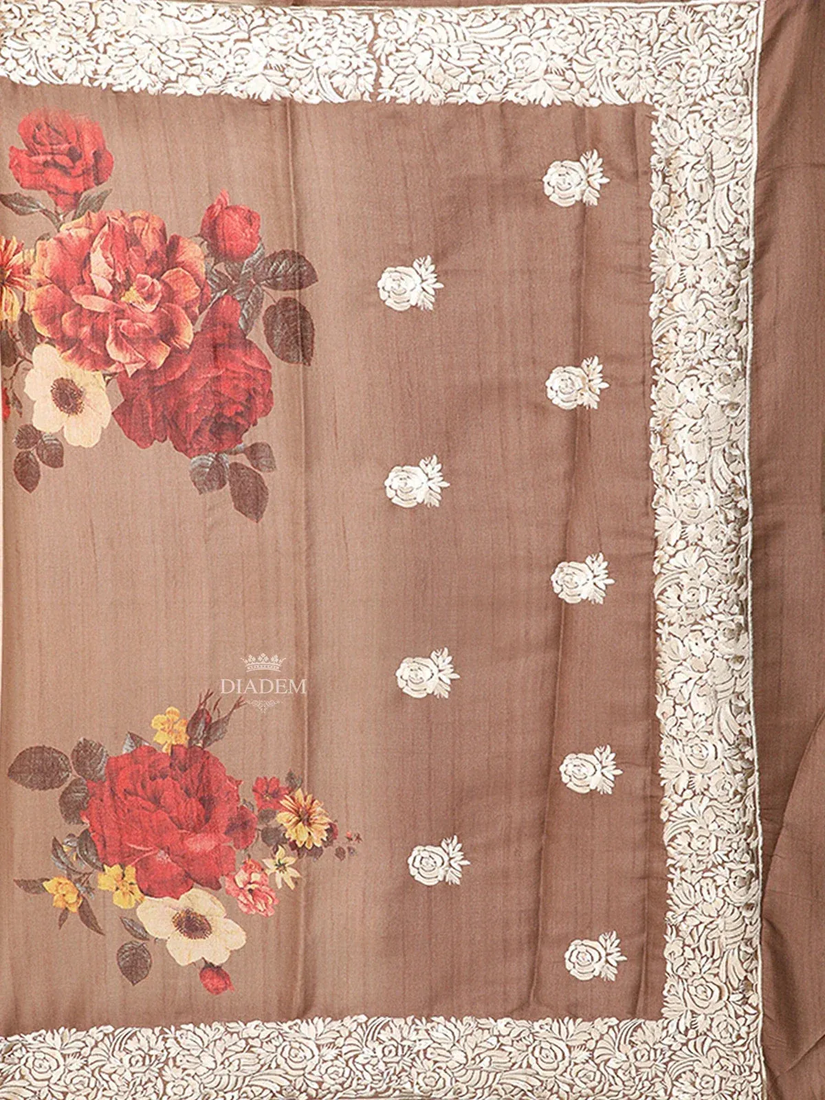 Brown Semi Tussar Silk Saree with Flower Design on the Body with Lace Border