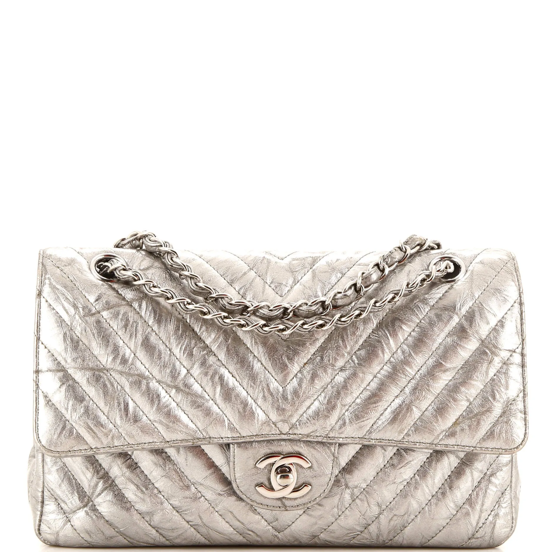 CHANEL Classic Double Flap Bag Chevron Crumpled Metallic Patent Medium