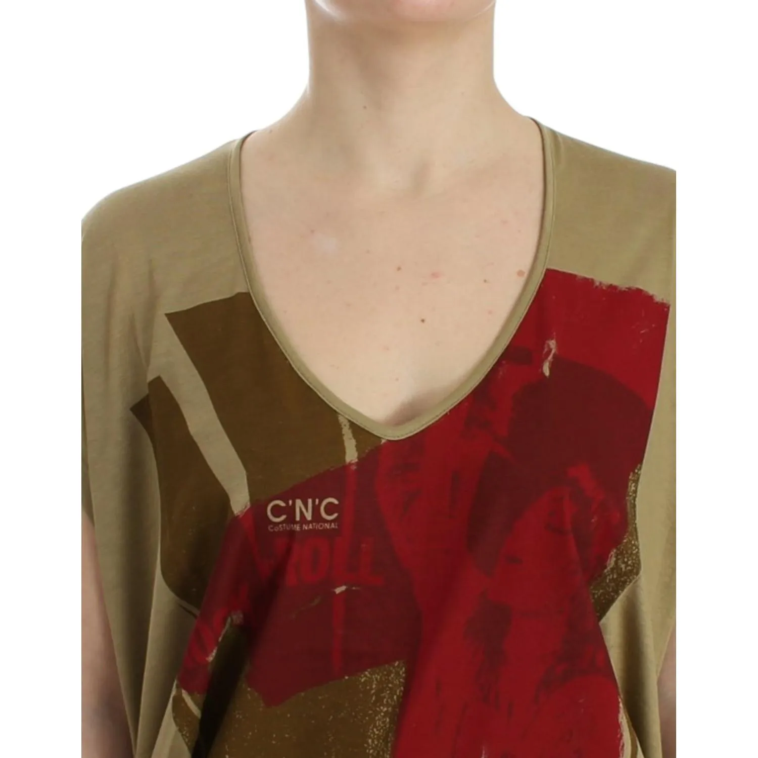 Costume National Chic Green Multicolor Print V-Neck Tee