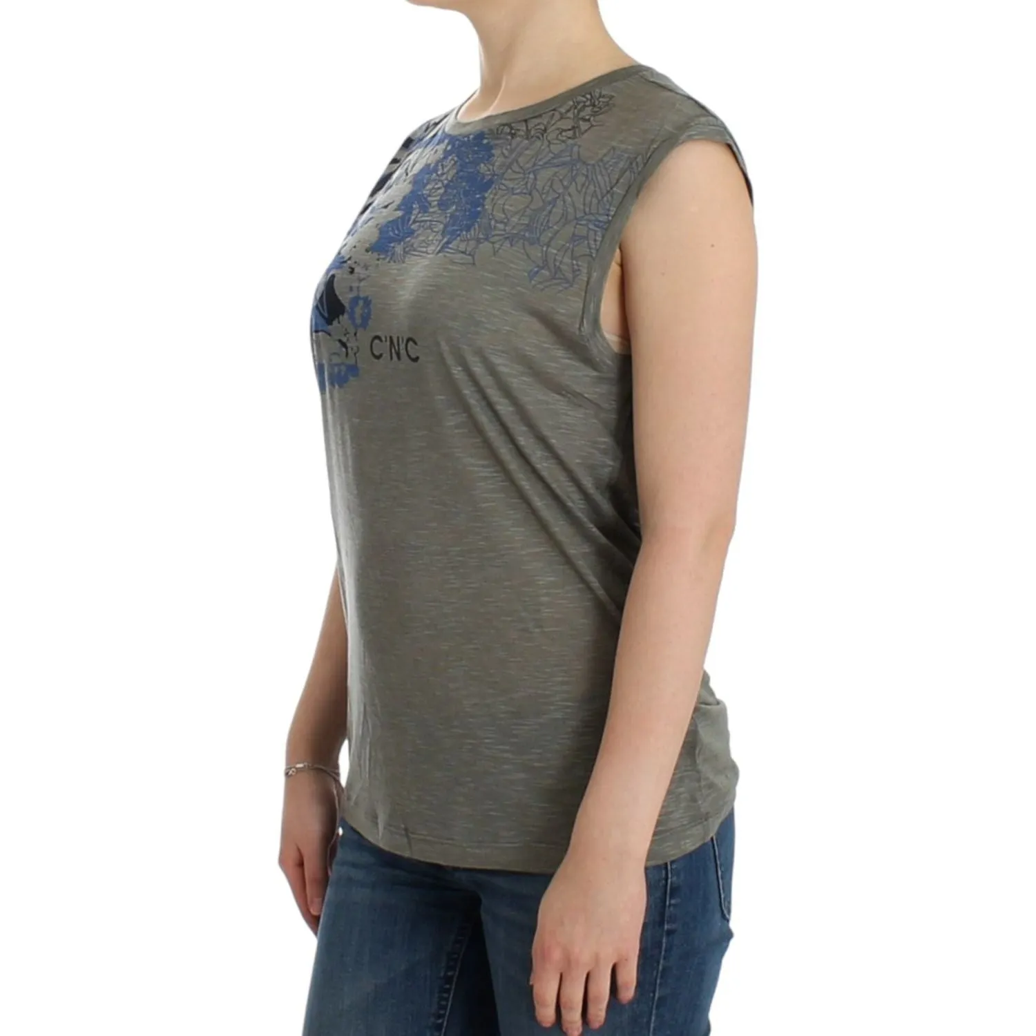 Costume National Chic Sleeveless Gray Top with Blue Detailing