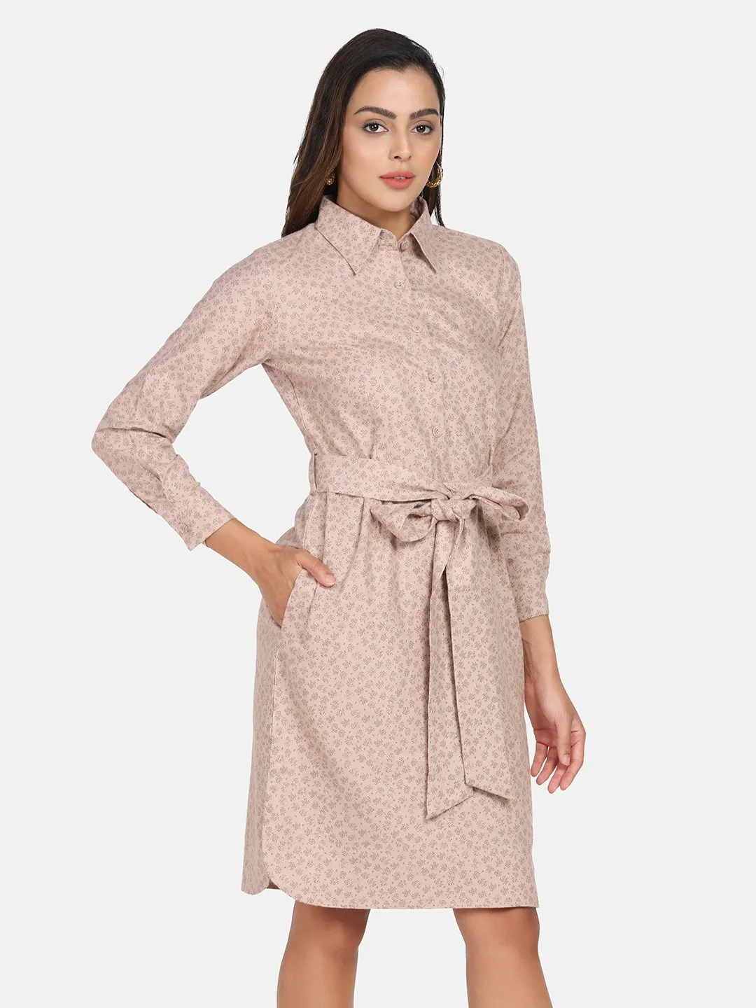 Cotton Printed Shirt Dress - Beige