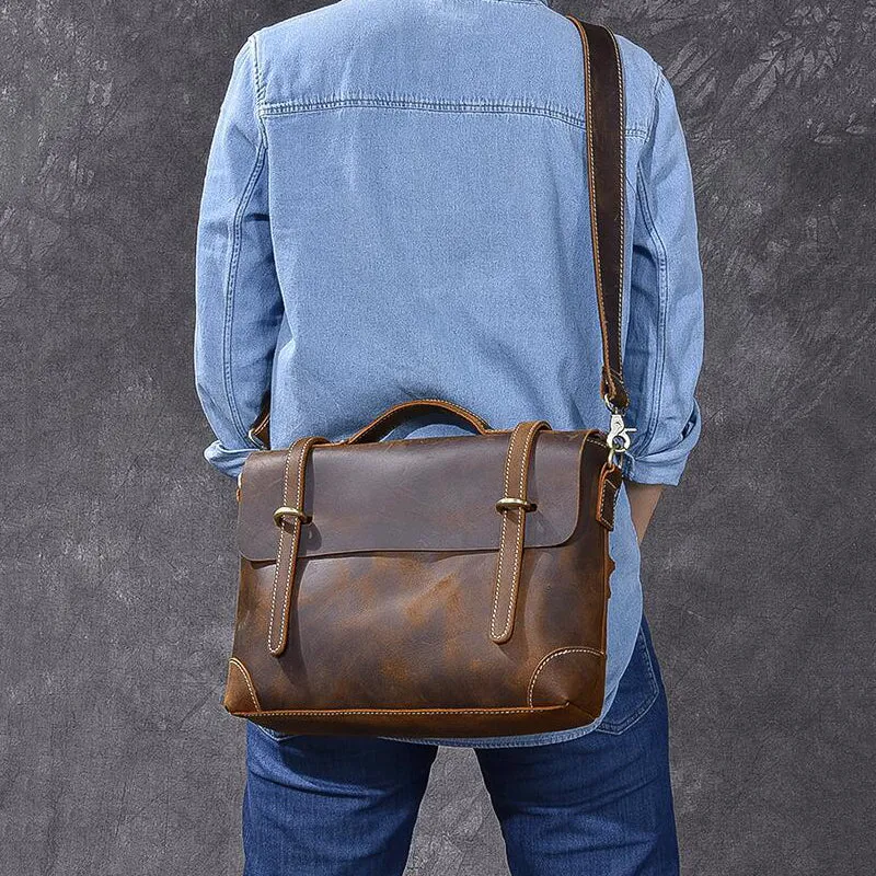 Crazy Horse Leather Men's Briefcase Retro Messenger Bag