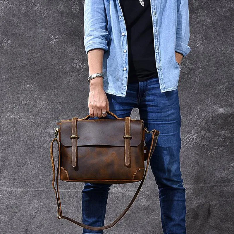 Crazy Horse Leather Men's Briefcase Retro Messenger Bag