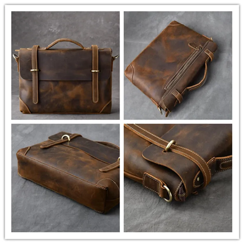 Crazy Horse Leather Men's Briefcase Retro Messenger Bag