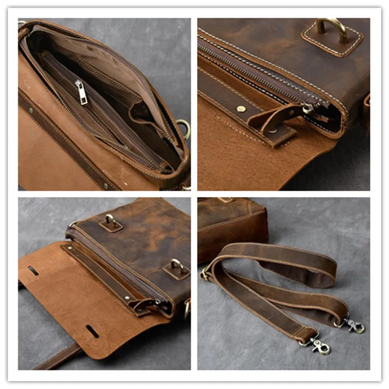 Crazy Horse Leather Men's Briefcase Retro Messenger Bag