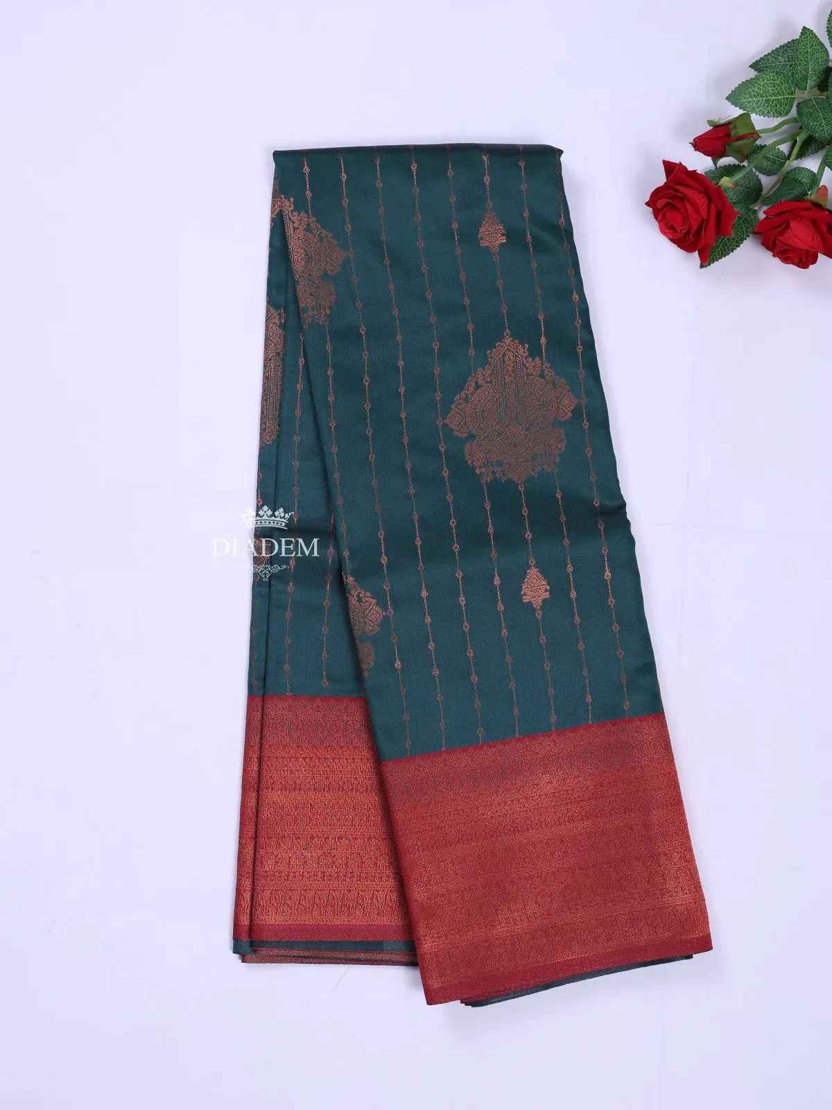 Dark Green Art Silk Saree with Stripes on the body and Contrast Zari Border