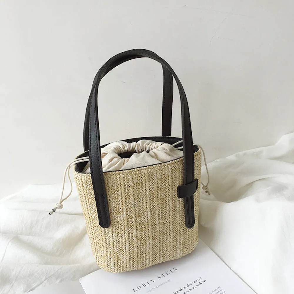 Elena Handbags Leather and Straw Bucket Bag