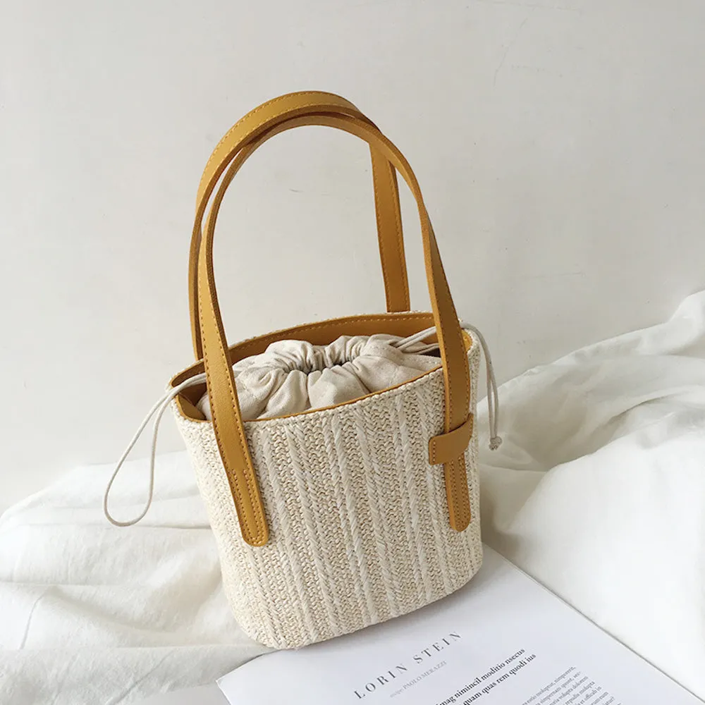 Elena Handbags Leather and Straw Bucket Bag