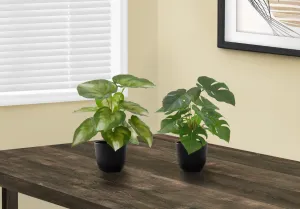 Faux Monstera Calthea Plant Set - 13" Tall, Indoor Table Decor, Potted Greenery, Black Pots (2-Pack)