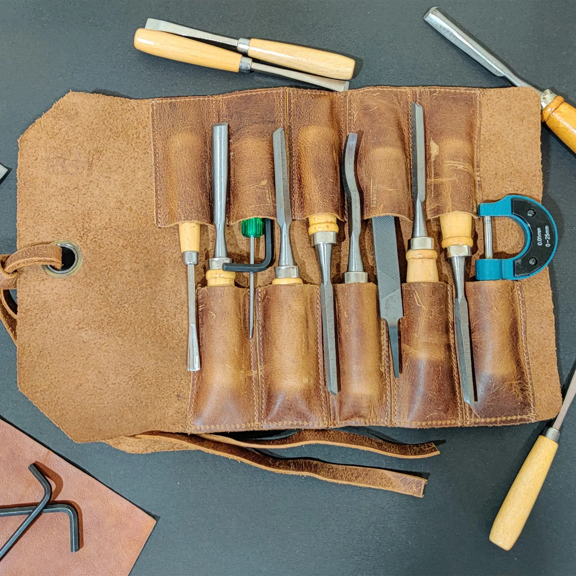 Full Grain Leather Tool Roll Up Pouch- Handcrafted Tool Kit (10 Slots)