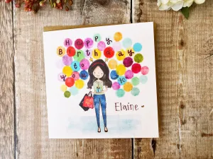 Girl with balloons Card - Personalised