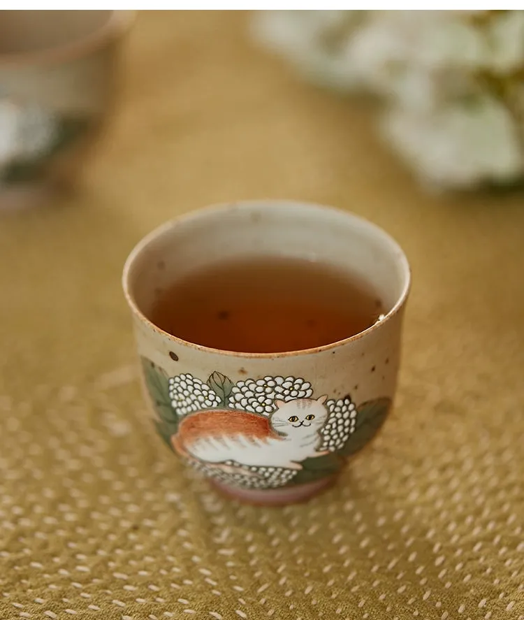 Gohobi Hand-painted Cat Hydrangeas Ceramic Tea Cup