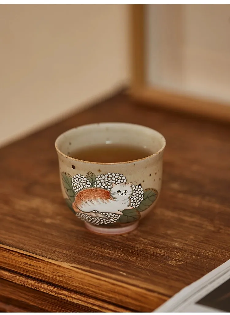 Gohobi Hand-painted Cat Hydrangeas Ceramic Tea Cup