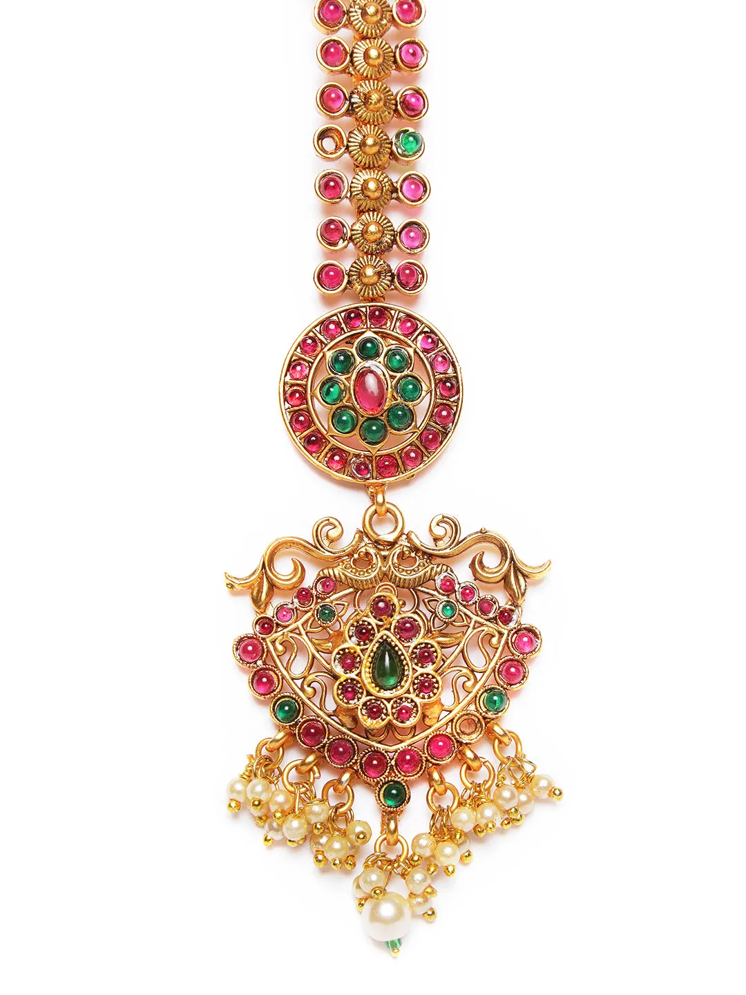 Gold-Plated & Ruby & Emerald Kemp Stones Pearls Maangtikka