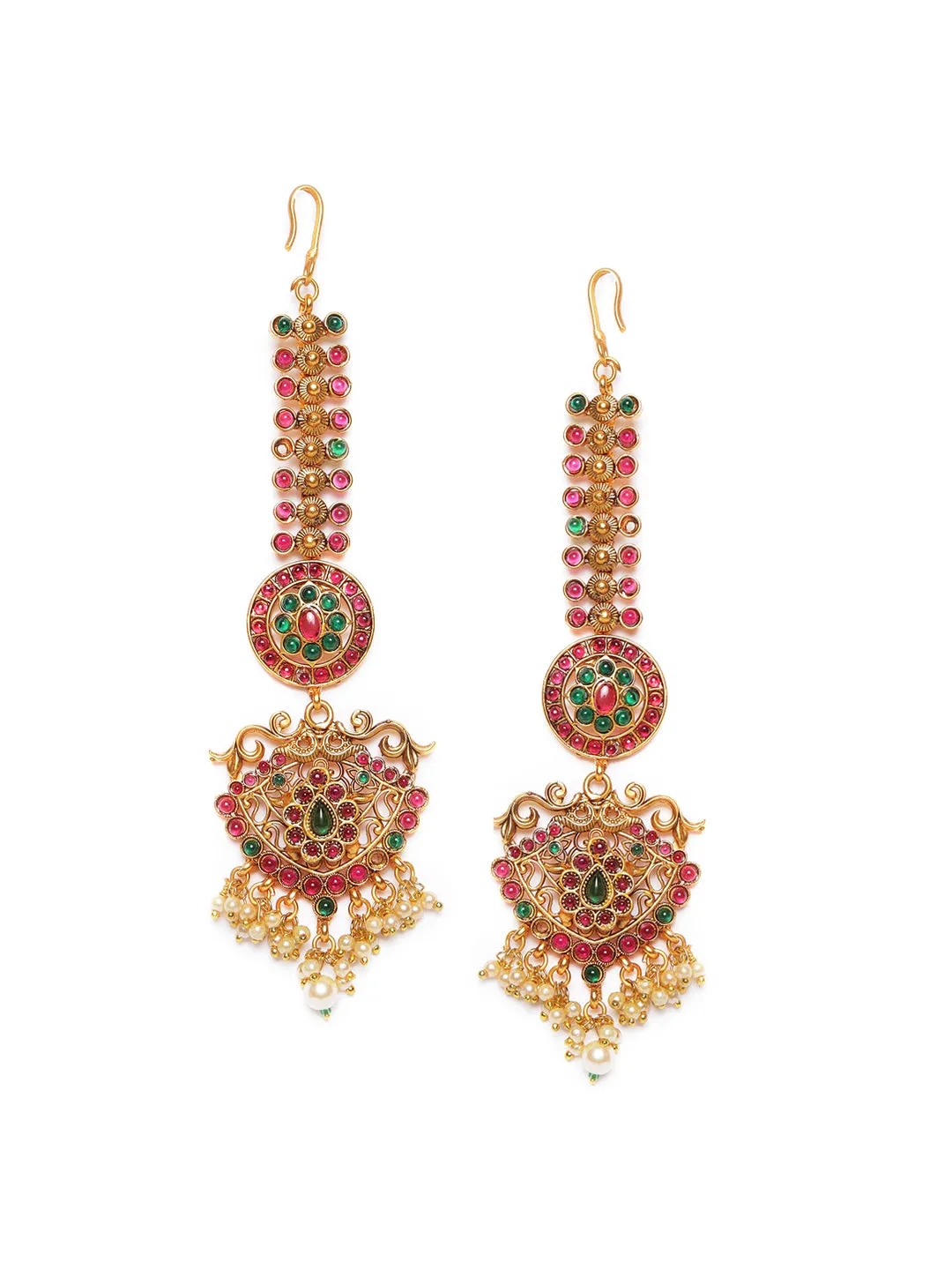 Gold-Plated & Ruby & Emerald Kemp Stones Pearls Maangtikka