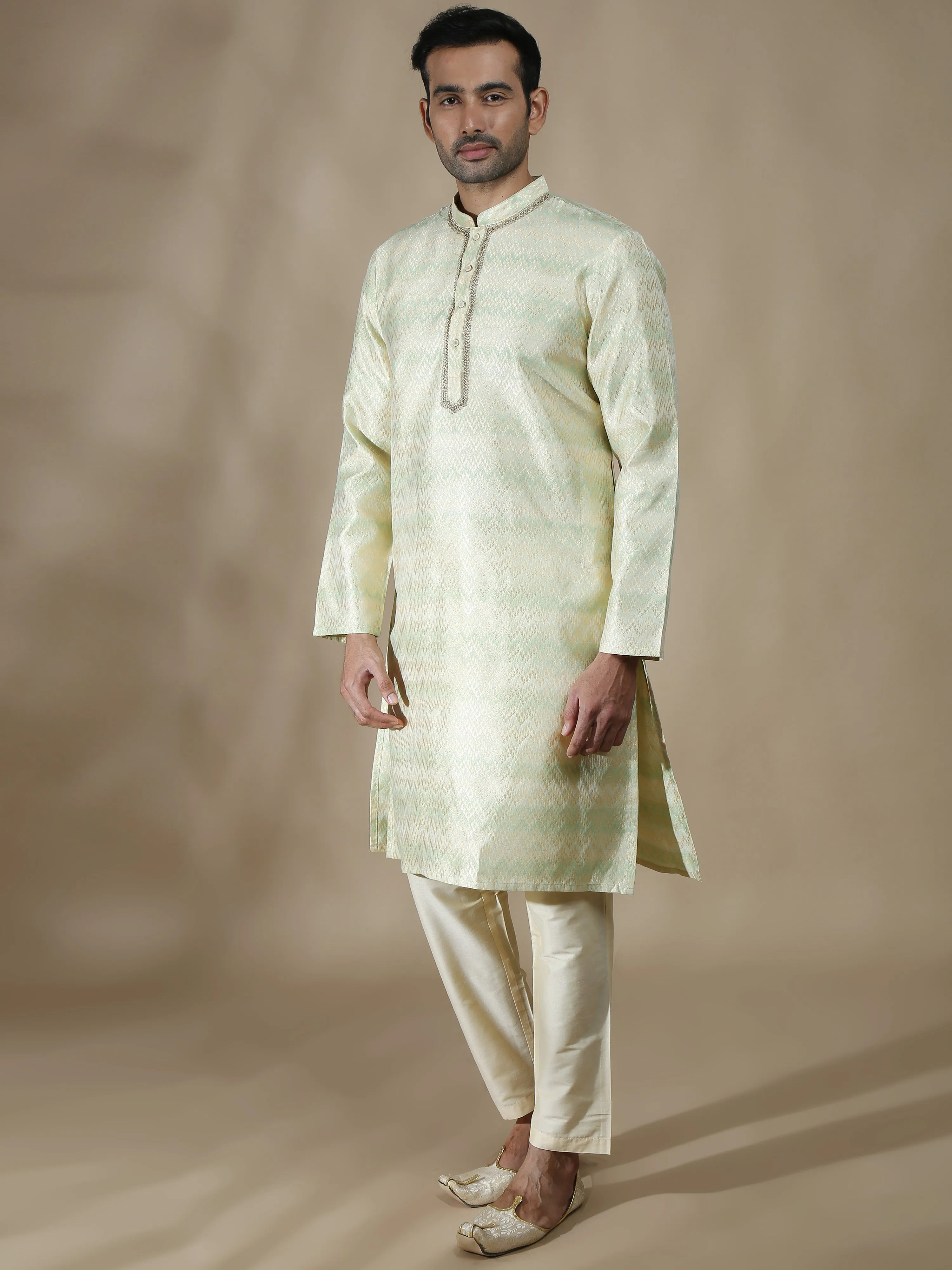 Green and Grey Banarasi Brocade Long Kurta